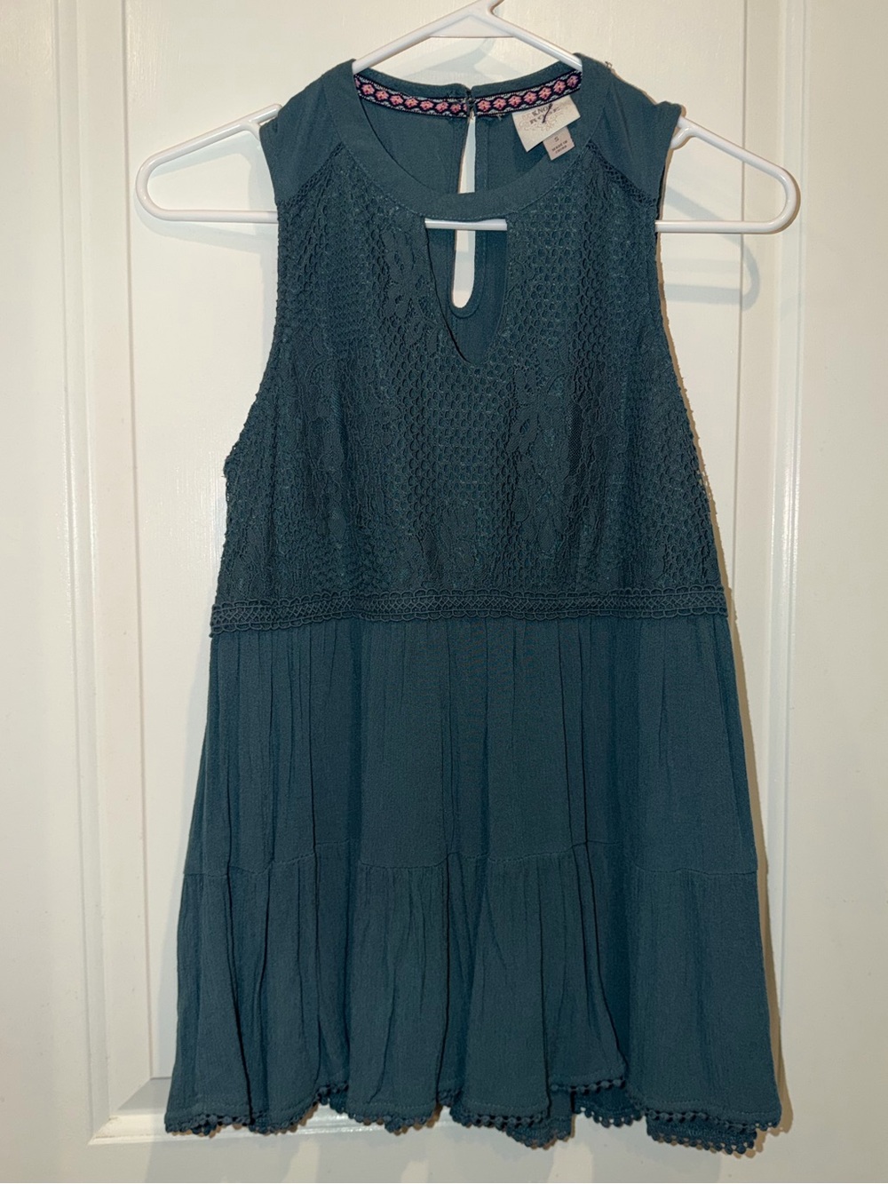 Knox Rose Teal Crochet Yoke Top with Pink Embroidered Trim